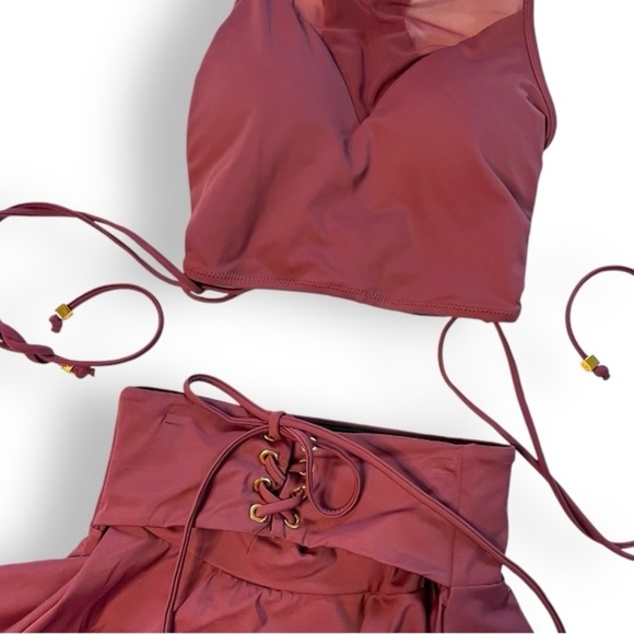 Wave Shine Skirt Set Maroon Waist Cinched Corset Swim Skirt/ Mesh Halter Bikini - Picture 10 of 16